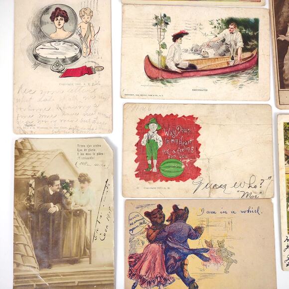 10pc Lot Early 1900s Romantic RPPC & Lithograph Postcards, Cartoon, Equestrian + - Picture 2 of 4